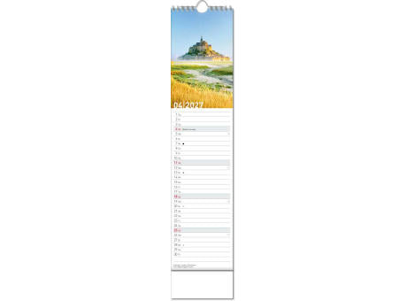 Kalender "Reiseziele" im Format 11 x 51 cm, mit Wire-O-Bindung und verlängerter Rückwand