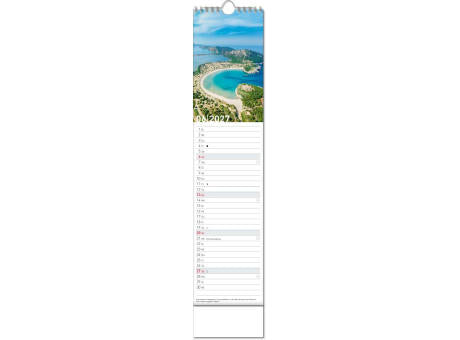 Kalender "Reiseziele" im Format 11 x 51 cm, mit Wire-O-Bindung und verlängerter Rückwand