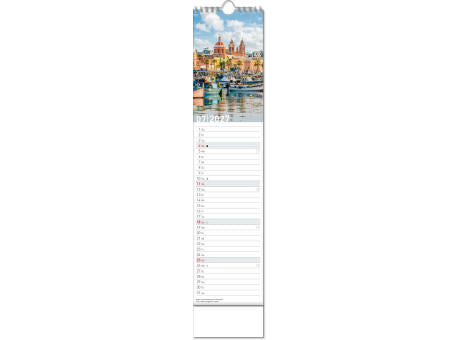 Kalender "Reiseziele" im Format 11 x 51 cm, mit Wire-O-Bindung und verlängerter Rückwand