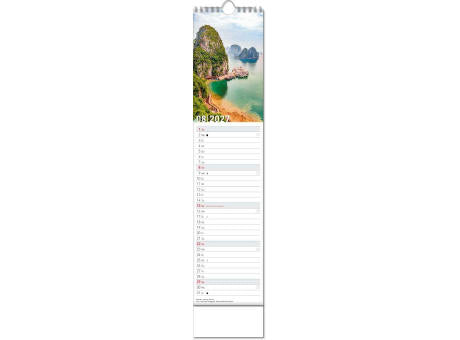 Kalender "Reiseziele" im Format 11 x 51 cm, mit Wire-O-Bindung und verlängerter Rückwand