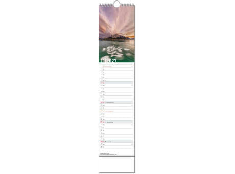 Kalender "Reiseziele" im Format 11 x 51 cm, mit Wire-O-Bindung und verlängerter Rückwand