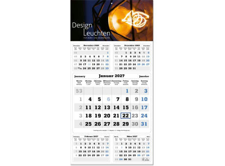 Fünf-Monats-Planer "Classic times 5" im Format 30 x 60 cm, grau/blau, Datumsweiser blau umgelegt