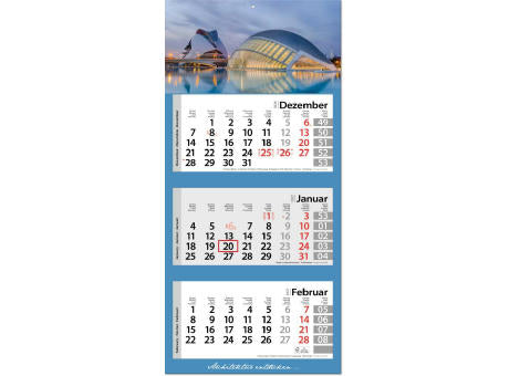 3-Monatskalender "Style-3" mit deutsch-mehrsprachigem Kalendarium im Format 33 x 70 cm