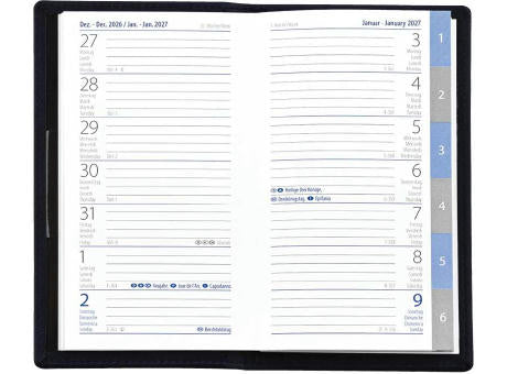 Taschenplaner"Exquisit Register INT" im Format 9  x 15 cm, grau/blau, 64 Seiten, in PVC-Hülle schwarz eingesteckt