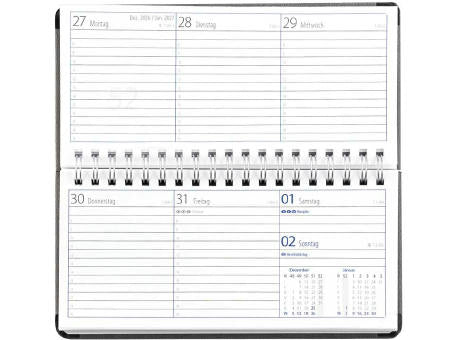 Taschenkalender "Horizontal", im Format 17 x 8 cm, 144 Seiten, Wire-Bindung weiß, Deckelpaar Balacron schwarz mit Blindprägung der JZ Oberdeckel oben rechts