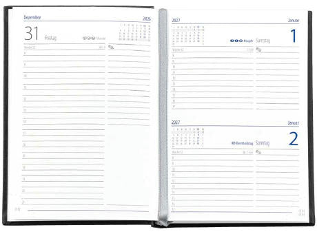 Taschenkalender "Taschenbuch Tag", im Format 10,5 x 14,8 cm, 352 Seiten, grau/blau, Balacron schwarz