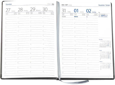 Wochenkalender "Klassik D", im Format 14,5 x 20,5 cm, 144 Seiten, Fadenheftung, Decke Balacron schwarz