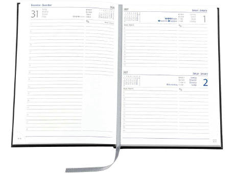 Buchkalender "Trend Chefkalender INT", im Format 14,5 x 20,5 cm, 352 Seiten, grau/blau, Decke Balacron schwarz