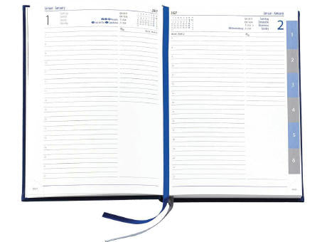 Buchkalender "Daily Chefkalender Register INT" mit Monatsregisterstanzung, im Format 14,5 x 20,5 cm, 416 Seiten, grau/blau, Decke Balacron schwarz