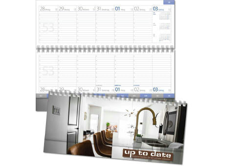 Schreibtischquerkalender "Top Register D" mit überstehender Kartonrückwand im Format 30,5 x 13,5 cm, mit Registerschnitt