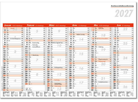 Tafelkalender im Format DIN A4, 29,7 x 21 cm, Kalendarium in rot/schwarz