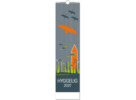 Kalender "Hyggelig" im Format 13 x 52,5 cm, mit Wire-O Bindung und verlängerter Rückwand