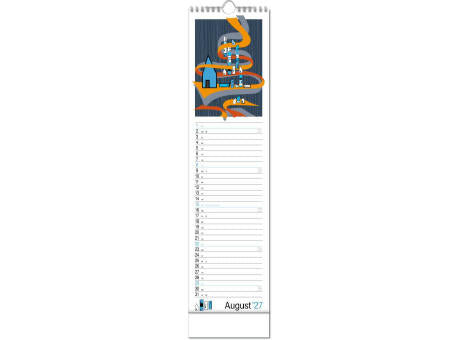 Kalender "Hyggelig" im Format 13 x 52,5 cm, mit Wire-O Bindung und verlängerter Rückwand