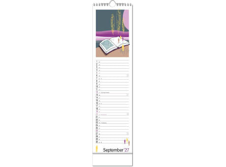 Kalender "Hyggelig" im Format 13 x 52,5 cm, mit Wire-O Bindung und verlängerter Rückwand