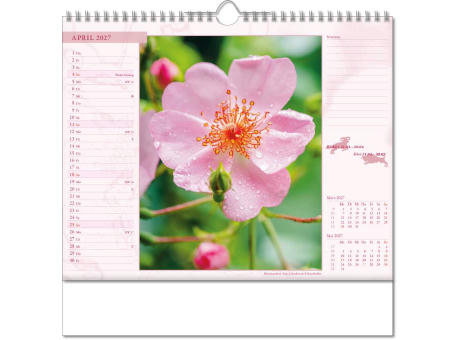 Kalender "Blütenwelt" im Format 30 x 29 cm, mit Wire-O-Bindung und verlängerter Rückwand