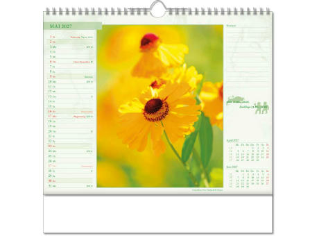 Kalender "Blütenwelt" im Format 30 x 29 cm, mit Wire-O-Bindung und verlängerter Rückwand