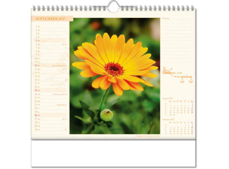 Kalender "Blütenwelt" im Format 30 x 29 cm, mit Wire-O-Bindung und verlängerter Rückwand