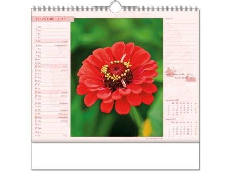 Kalender "Blütenwelt" im Format 30 x 29 cm, mit Wire-O-Bindung und verlängerter Rückwand