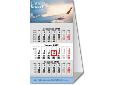 Tischaufstellkalender "Classic-Desk" im Format 9,5 x 18,4 cm (montiert), grau, deutsches Kalendarium, Datumsweiser umgelegt
