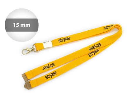 Senkelband A 15mm bedruckt konfektioniert, mit Sollbruchstelle, Karabinerhaken