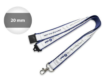 Doublelayer A 20mm, Polyesterband mit Satinband bedruckt, konfektioniert mit Sollbruchstelle, Karabinerhaken