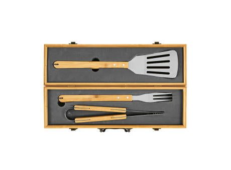 Turner Barbecue-Set aus Bambus. Mit Etui, Zange, Gabel und Spatel