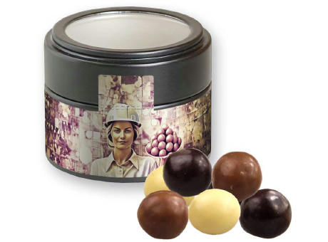 Knusperkugeln-Mix, ca. 45g, Metalldose Mini mit Sichtfenster schwarz