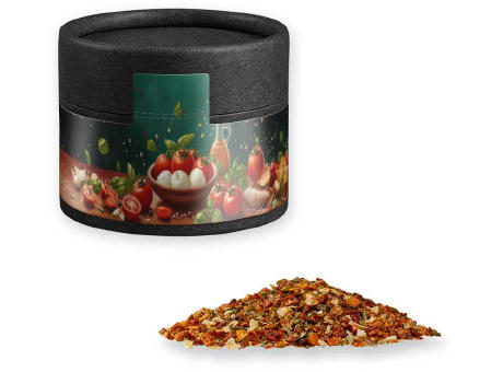 Gewürzmischung Tomate-Mozzarella, ca. 28g, Kraftpapierdose Mini schwarz