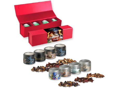 Verschiedene Weihnachts Teesorten, , ca. 120-140g, Geschenk-Set Premium rot mit Magnetverschluss und 4 Metalldosen Mini mit Sichtfenster