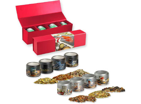 Verschiedene Weihnachts Gewürzmischungen, ca. 120-140g, Geschenk-Set Premium rot mit Magnetverschluss und 4 Metalldosen Mini mit Sichtfenster