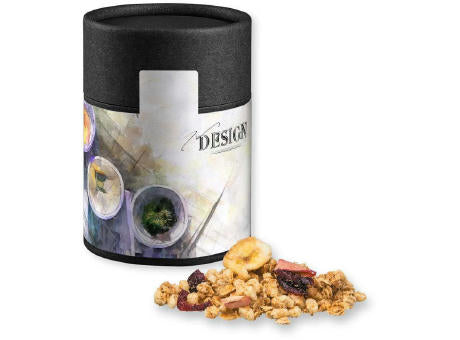 Müsli Knusper Früchte, ca. 50g, Kraftpapierdose Midi schwarz