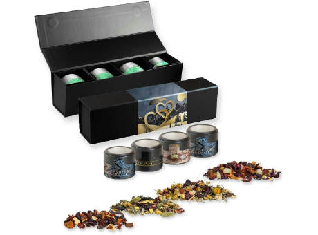 Verschiedene Teesorten, , ca. 60-140g, Geschenk-Set Premium schwarz mit Magnetverschluss und 4 Metalldosen Mini mit Sichtfenster