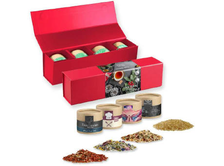 verschiedene Gewürzmischungen (Kategorie 2), ca. 40-160g, Geschenk-Set Premium rot mit Magnetverschluss und 4 Kraftpapierdosen Mini