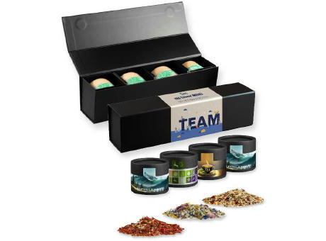 verschiedene Gewürzmischungen (Kategorie 2), ca. 40-160g, Geschenk-Set Premium schwarz mit Magnetverschluss und 4 Kraftpapierdosen Mini