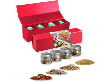 verschiedene Gewürzmischungen (Kategorie 1), ca. 160-440g, Geschenk-Set Premium rot mit Magnetverschluss und 4 Metalldosen Mini mit Sichtfenster