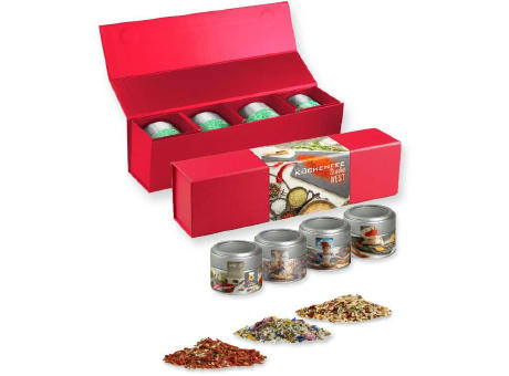 verschiedene Gewürzmischungen (Kategorie 3), ca. 140-440g, Geschenk-Set Premium rot mit Magnetverschluss und 4 Metalldosen Mini mit Sichtfenster