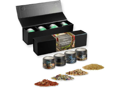 verschiedene Gewürzmischungen (Kategorie 1), ca. 160-440g, Geschenk-Set Premium schwarz mit Magnetverschluss und 4 Metalldosen Mini mit Sichtfenster