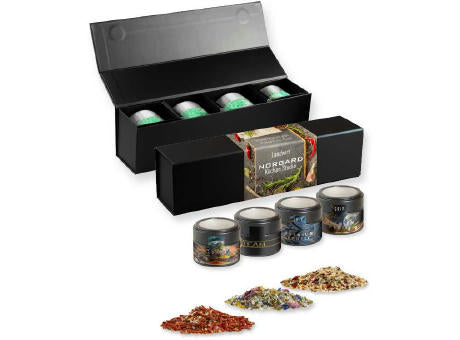 verschiedene Gewürzmischungen (Kategorie 2), ca. 64-260g, Geschenk-Set Premium schwarz mit Magnetverschluss und 4 Metalldosen Mini mit Sichtfenster