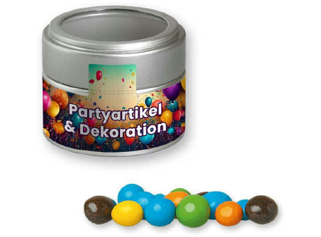 Bunte Schoko Erdnüsse, ca. 70g, Metalldose Mini mit Sichtfenster silber