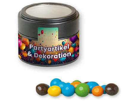Bunte Schoko Erdnüsse, ca. 70g, Metalldose Mini mit Sichtfenster schwarz