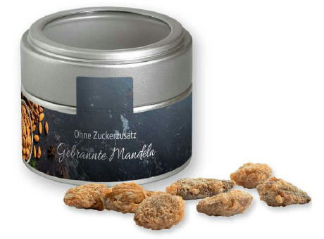 Feuergebrannte Mandeln ohne Zuckerzusatz, ca. 60g, Metalldose Mini mit Sichtfenster silber