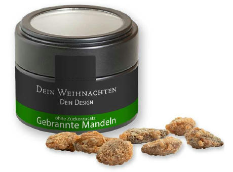 Feuergebrannte Mandeln ohne Zuckerzusatz, ca. 60g, Metalldose Mini mit Sichtfenster schwarz