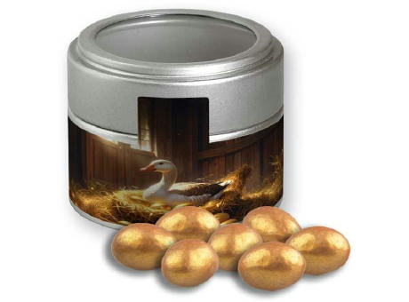 Goldene Salted Caramel Mandeln, ca. 64g, Metalldose Mini mit Sichtfenster silber