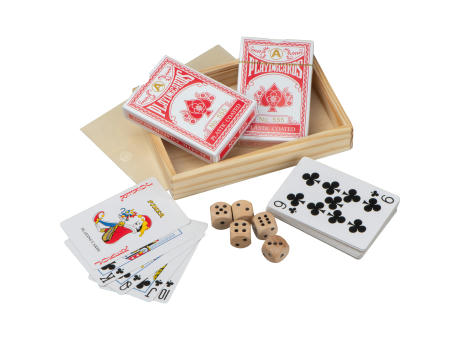 Spielkarten in Holzbox mit Würfel BRIAN