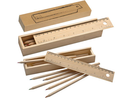 Holzbox mit 8 Buntstiften und Lineal ADELE