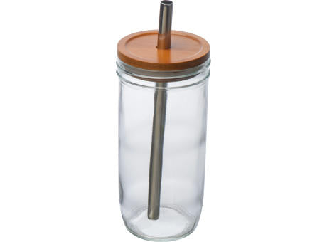 Glasbecher mit Bambusdeckel und Trinkhalm BENEDYKT