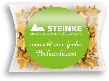 Schoko-Goldsternchen im Süßen Kissen mit Etikett