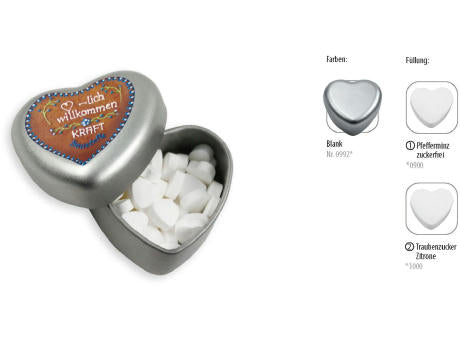 Herzdose, blank 18 g, Inhalt: Pfefferminzherzen zuckerfrei
