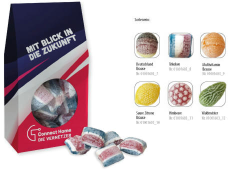 Beutelschachtel mit Bonbons,   60 g, Inhalt: Saure Zitrone Brause