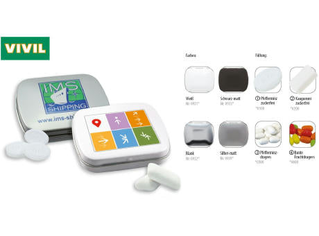 Klapp-Dose-59, schwarz-matt 20 g, Inhalt: Bunte Fruchtdragees gemischt (Dose)